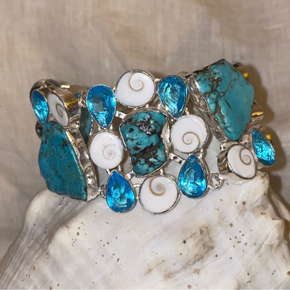 Gorgeous Tibetan Turquoise + Shiva Shell + Blue Topaz cluster statement cuff